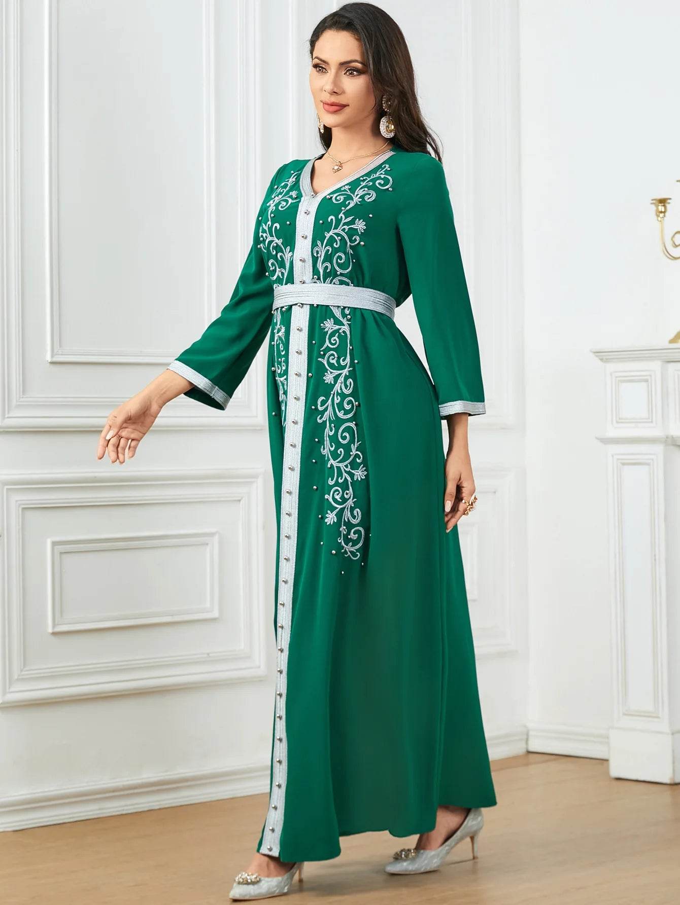 Muslim Fashion Beading Ebroidered Print V-neck long-sleeved Dress Moroccan Islamic Dress With Belt Elegant Party Dress - AIAZ