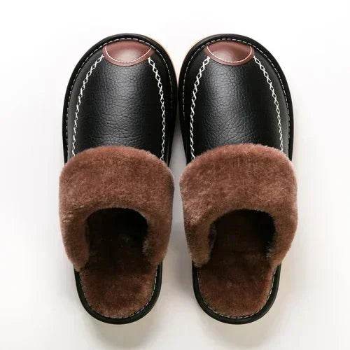 Men Winter Leather Slippers Bedroom Cotton Slippers Male Waterproof Thick Plus Velvet Indoor Warm House Home Slippers Shoes - AIAZ