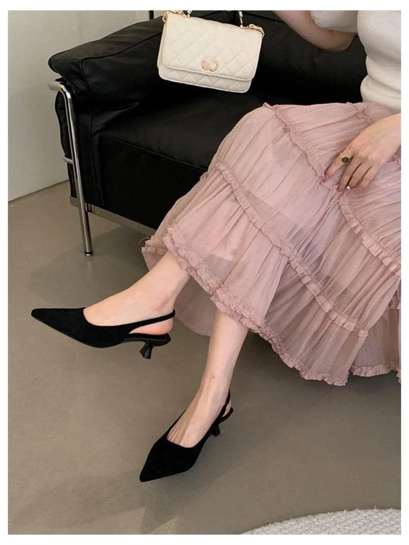 Fashion Brand Slingback Sandals Women Med Heels Pumps Elegant Pointed Toe Female Mules Dress Slides Sandalias Mujer Verano Mujer - AIAZ