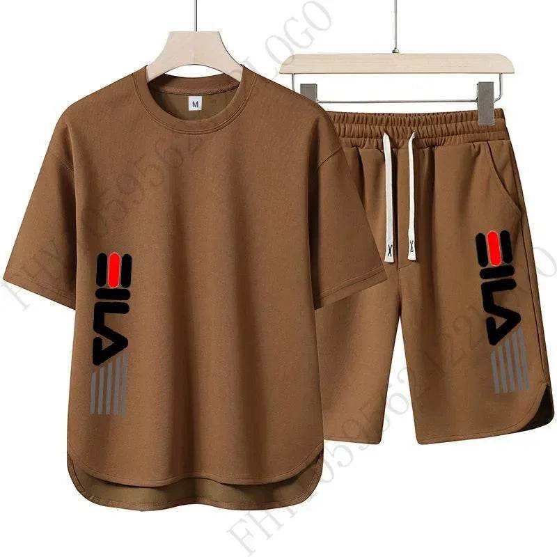 New 2025 summer men's casual round-neck T-shirt and shorts two-piece fashionable printed breathable men's short-sleeved suit - AIAZ