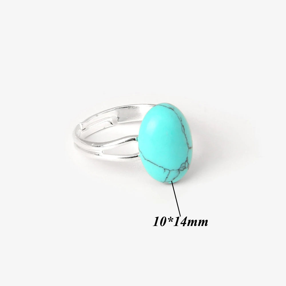 Cabochon Natural Stone Ring 10*14MM Oval Agates Turquois Quartzs Gem Finger Ring Silver Color Adjustable Open Rings Jewelry Gift