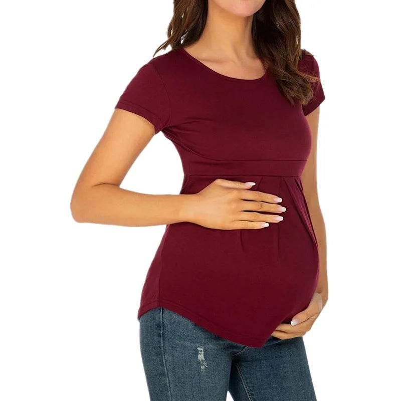 Summer Maternity Tops Women Pregnancy Short Sleeve T-Shirts Casual Tees for Pregnant Elegant Ladies Folds T-Shirt Women Clothes - AIAZ