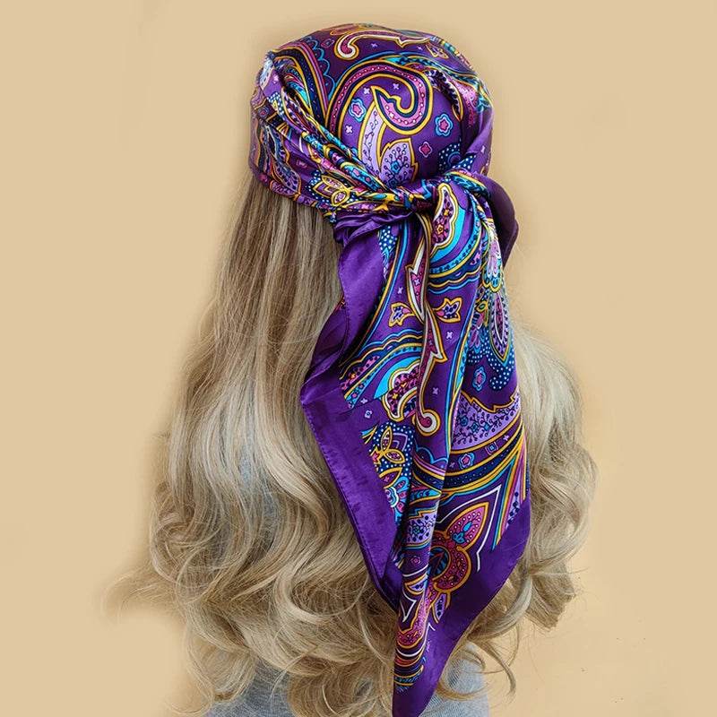 New 90*90cm Retro Brand Women Silk Scarf Bandanna Fashion Bohemian Pattern Square Hijab Lady Wrap Headband foulard muffler - AIAZ