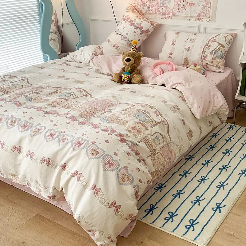 Cute Bear Duvet Cover Set with Zipper Pink Heart Bed Sheet Pillowcases No Filler Twin Queen Size Girls Boys Gift Bedding Set