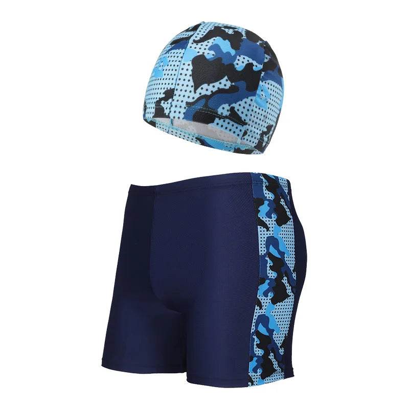 2-piece Set of Summer Children's Swim Trunks Swim Caps Boys' Swimwear Quick Drying Shorts Cartoon Print Beach Swimwear Ages 4-16 - AIAZ