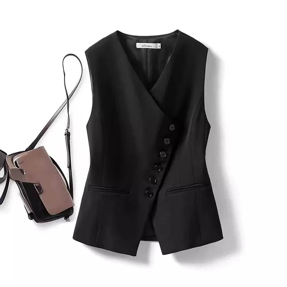 Vest Tops Women Vests V Neck Sleeveless Coats Single Breasted Slim High Waist Coat Y2k Streetwear Elegant Work Off White Jackets - AIAZ