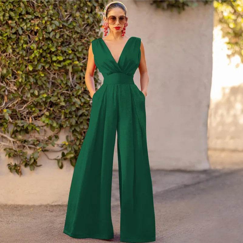 Jumpsuit Women Summer New Sleeveless Sexy Deep V-neck Solid Color High Waist Wide Leg Jumpsuits Elegant Commuting Lady Playsuits - AIAZ