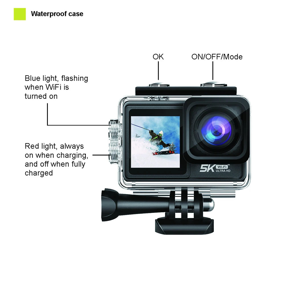 2" IPS Dual Screen Action Camera 5K 30FPS  4K 60FPS 48MP EIS Video With Optional Filter Lens 1080P Webcam Vlog WiFi Sports Cam