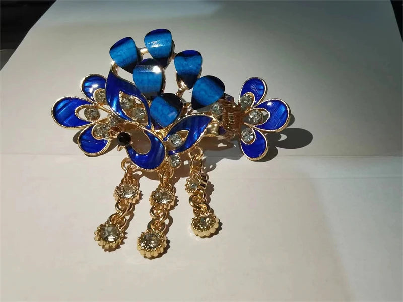 Red Crystal Flower Bow Spring Hairpin Vintage Ink Blue Rhinestone Horizontal Clip Top Clip Elegant Mom Fashion Hairpin Korean