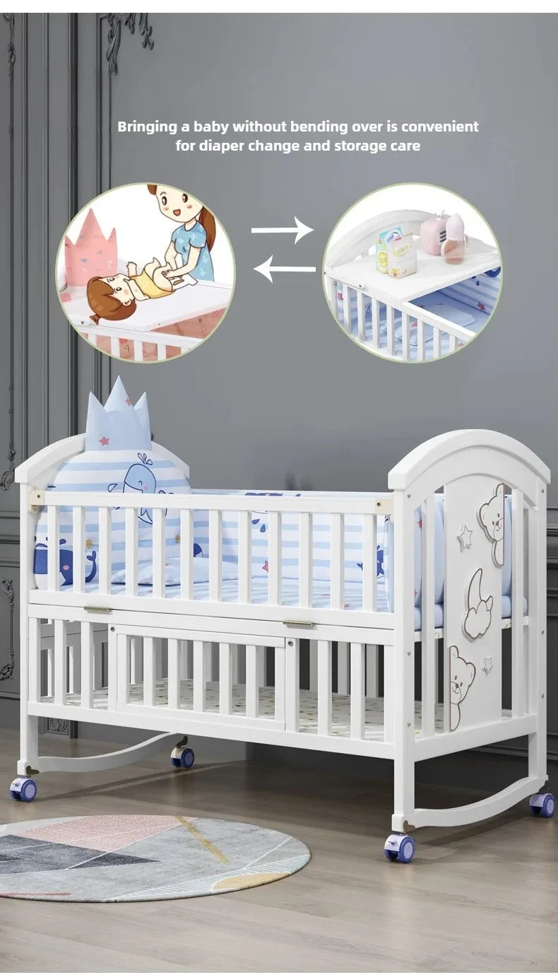 2025New Solid Wood Baby Crib Movable Splicing Bed Multifunctional Baby Rocking Bed Adjustable Guardrail Height with Mosquito Net