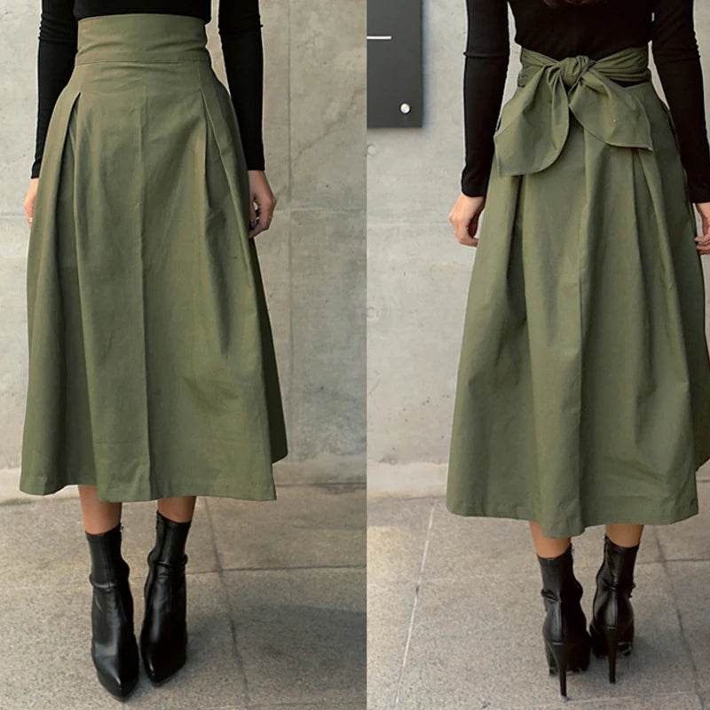Skirts Womens Korean Fashion Solid Color Big Swing Ladies Skirt Long Skirt 2025 Autumn Wild High Waist Bow Slim Skirts - AIAZ