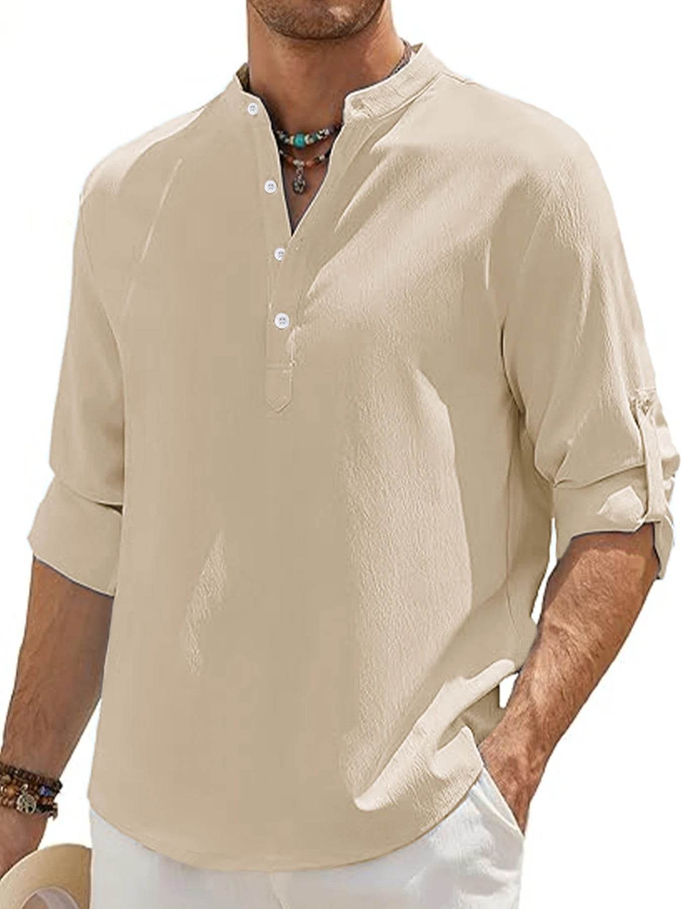 Men's Linen Shirt Summer 2025 Casual Short Sleeve Breathable Stand Collar Loose Fit Trendy Solid Color Youth Top with Pocket - AIAZ