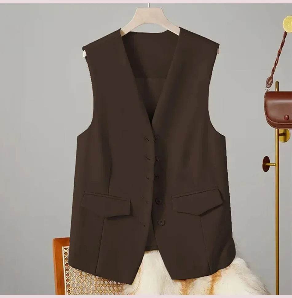 Women Suit Vest Elegant Women's V Neck Business Vest Sleeveless Waistcoat for Office Commute Style Solid Color Single-breasted - AIAZ