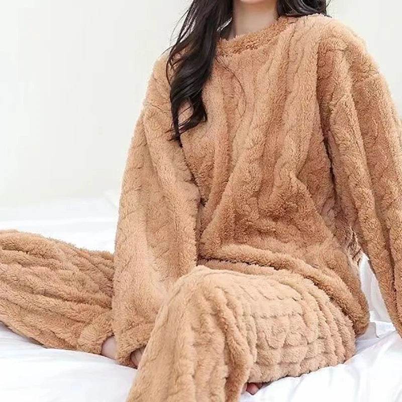 Autumn Women Solid Warm 1/2 Piece Sets Thicken Velvet Ribbed Fleece Set Pullover And Pants Women Casual Pajama Sets 2025 - AIAZ