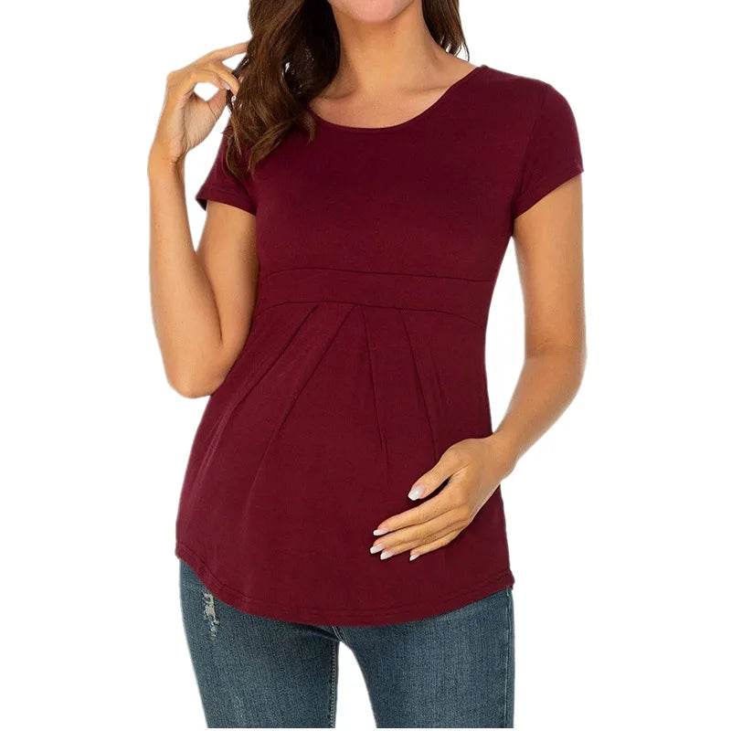 Summer Maternity Tops Women Pregnancy Short Sleeve T-Shirts Casual Tees for Pregnant Elegant Ladies Folds T-Shirt Women Clothes - AIAZ