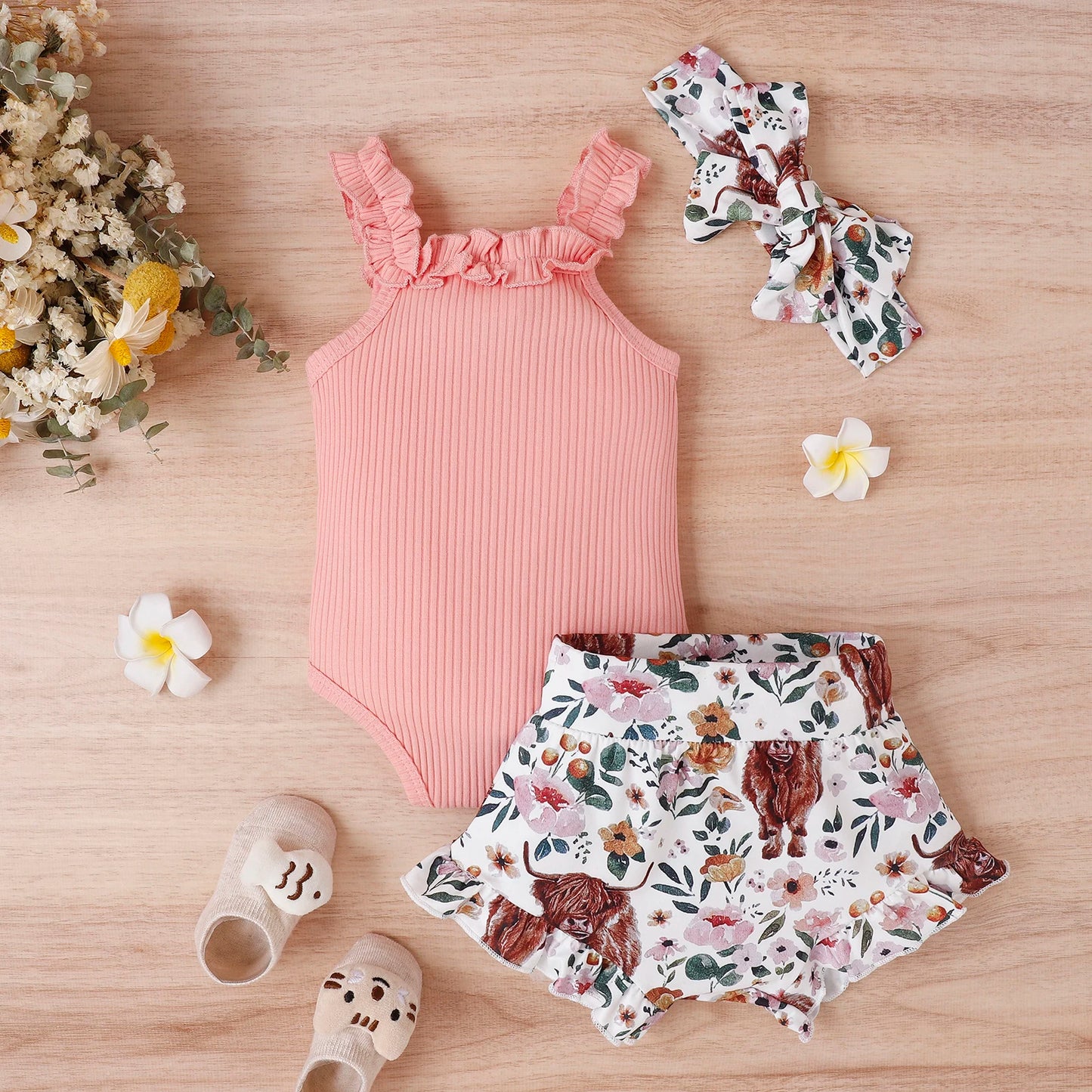 Citgeett Summer Infant Baby Girl Pants Suit Casual Party Off Shoulder Romper Tops + Print Short Pants + HeadBand