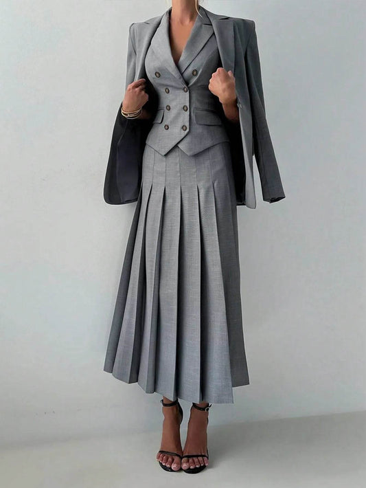 3pcs Women Elegant Work Casual Business Suit Set: Fitted Vest for Spring/Summer, Pleated Midi Skirt, Suitable for Office Lady - AIAZ