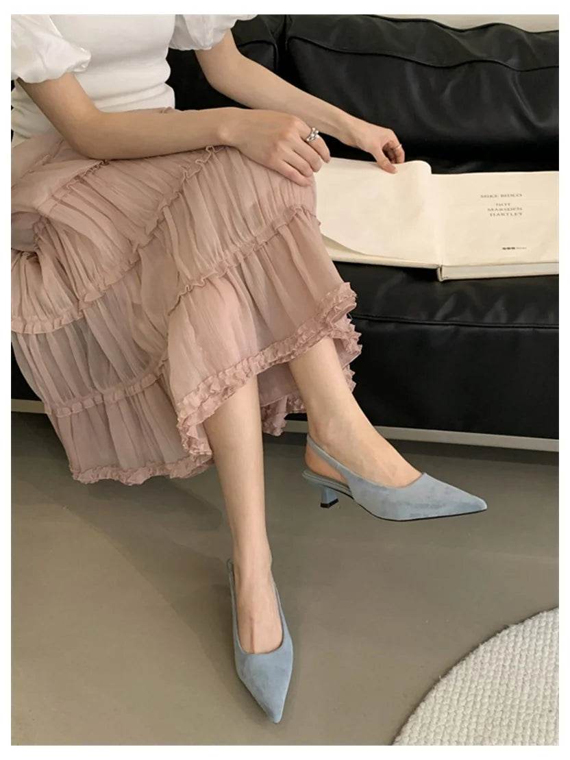 Fashion Brand Slingback Sandals Women Med Heels Pumps Elegant Pointed Toe Female Mules Dress Slides Sandalias Mujer Verano Mujer - AIAZ