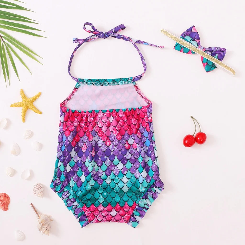 3-24 Months Baby Girl Swimsuit Mermaid Sling Bodysuit+Headwear 2PCS Set Fashion Soft Summer Toddler Girl Beach Swimming Wear