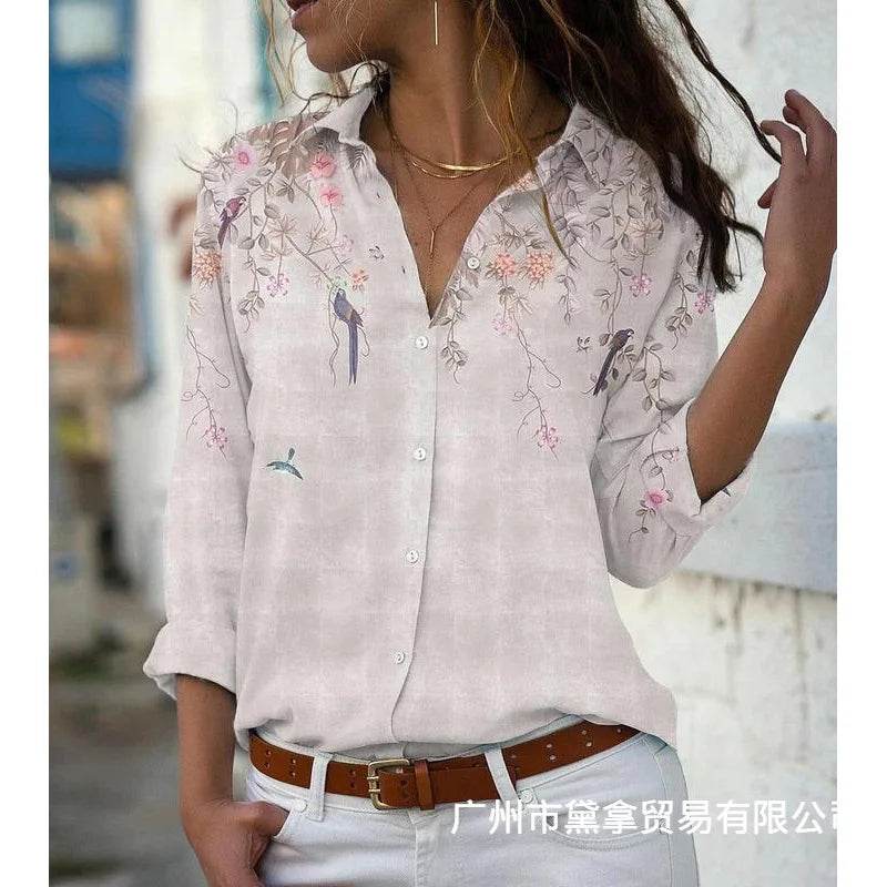 2025 Summer Women's Long Sleeve Top Fashion Comfort Printed T-Shirt Casual Loose Button Shirt for Female - AIAZ