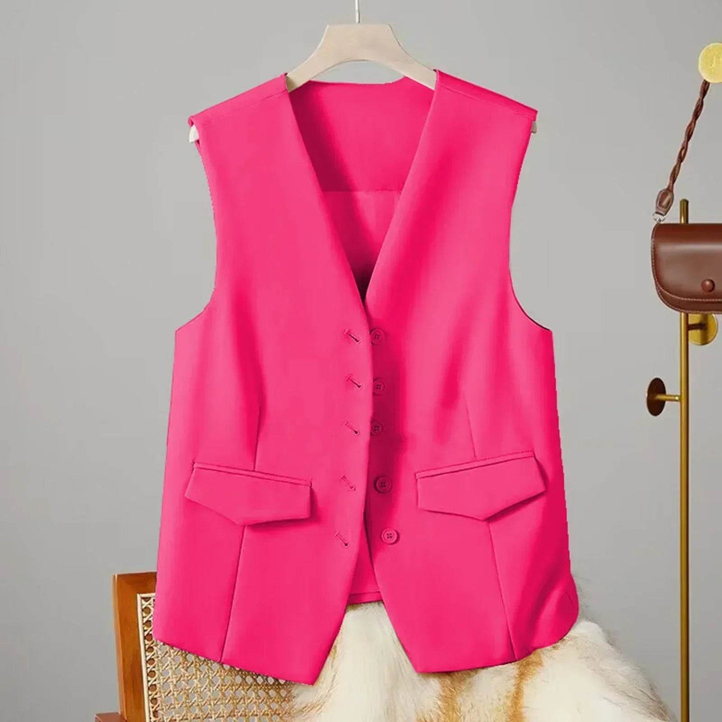 Women Suit Vest Elegant Women's V Neck Business Vest Sleeveless Waistcoat for Office Commute Style Solid Color Single-breasted - AIAZ