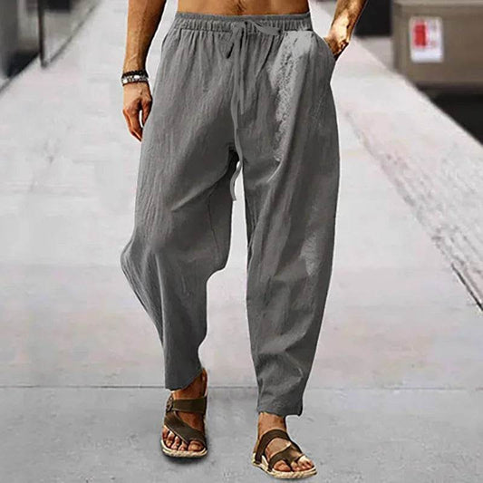 2025 Men Cotton Linen Pants Summer and Autumn Solid High Waist Wide-Leg Trousers Male Loose Hemp Casual Breathable Sports Pants - AIAZ