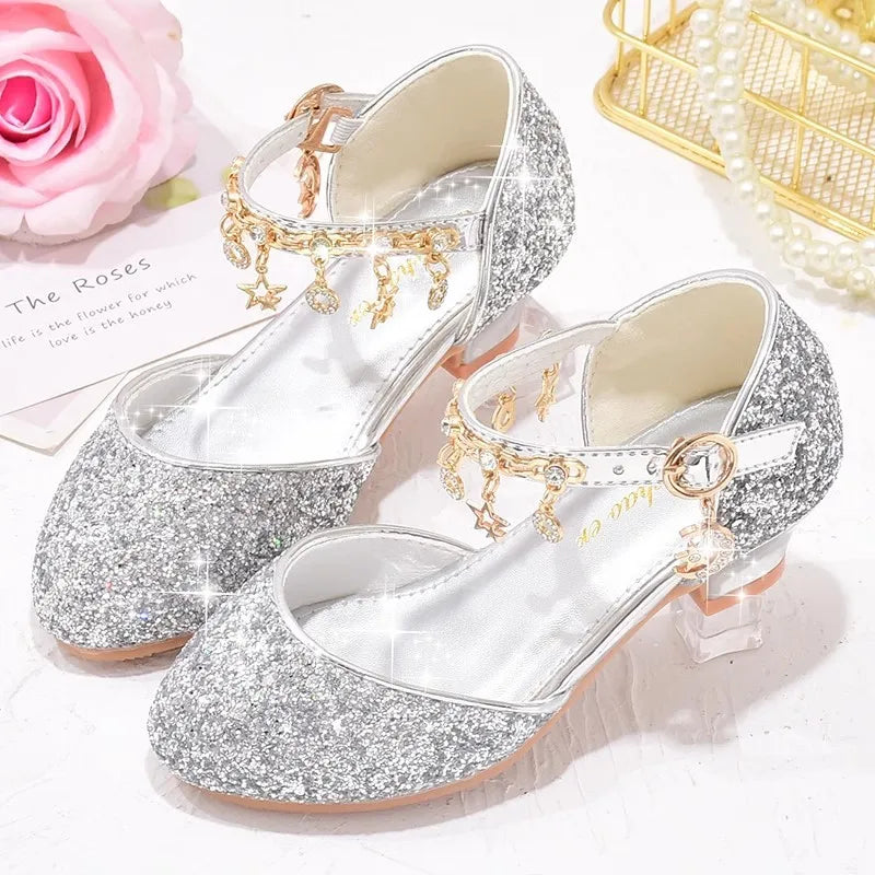 Heeled Dancing Shoes Due To Gold for Girls Glitter Shoes Heels Girls Princess Flowergirl Dresses Golden Girl Child Shoe for Wed