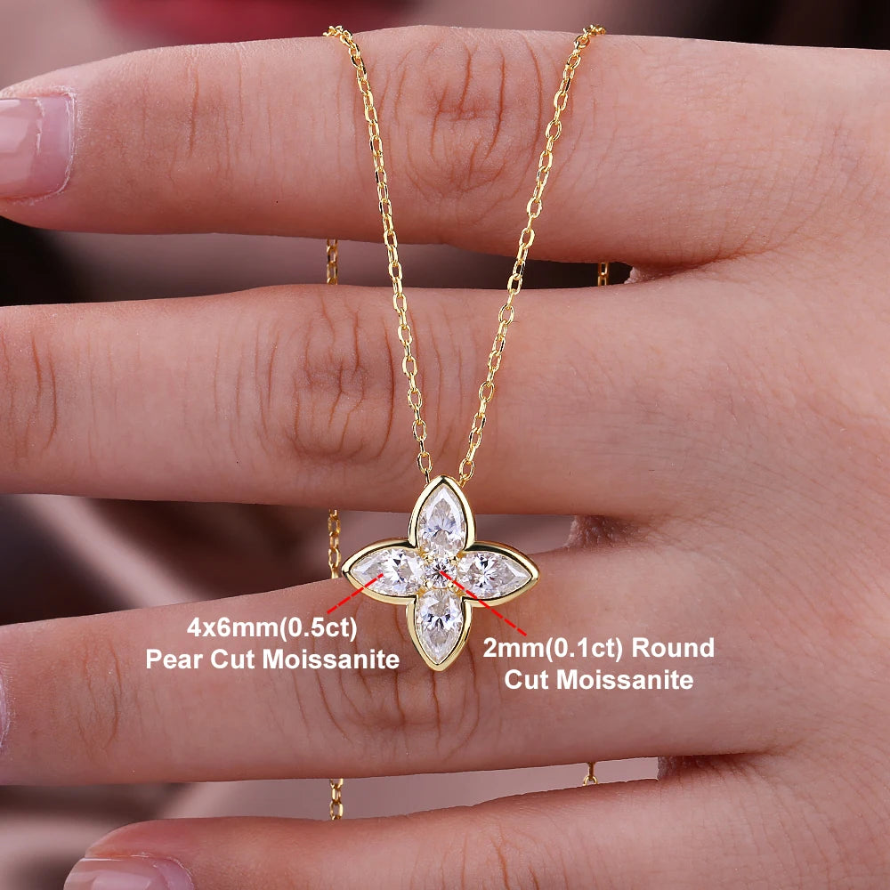 Bezel Set Full Moissanite Flower Pendant Necklace for Women Sparkling Pear Cut Diamond Pendant S925 Silver Wedding Party Jewelry