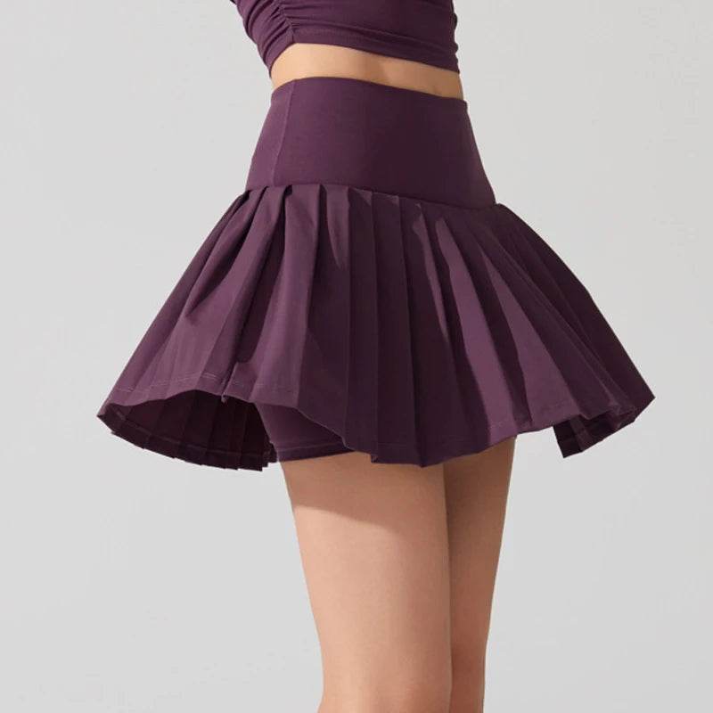 Women Summer Tennis Skirt Solid Color Pleated 2 In 1 Running Skirt Breathable Quick Dry Pocket Badminton Skirt Short Sportswear - AIAZ