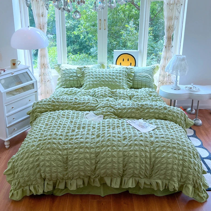 Korean Princess Style Lace Ruffles Bedding Set Skin-friendly Soft Seersucker Duvet Cover Set Bed Sheet Or Bed Skirt Pillowcases