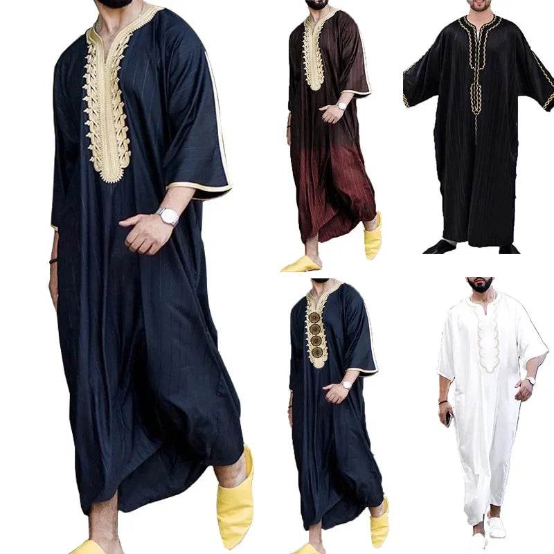Men Muslim Summer Fashion Loose Robe Islam Kaftan Men Clothing Dubai Luxury Muslim Abaya Muslim V-neck Short Sleeve Printing - AIAZ