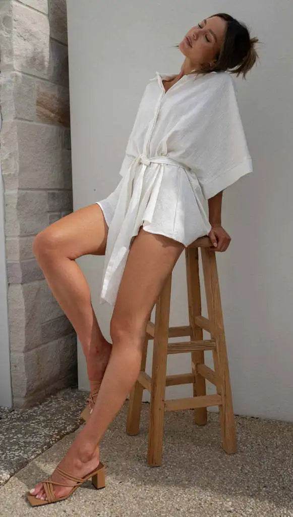 Women's Jumpsuit Spring/summer New Style With Collar Mid Sleeves Waist Strap Fashionable Loose Short Style Solid Color Jumpsuit - AIAZ