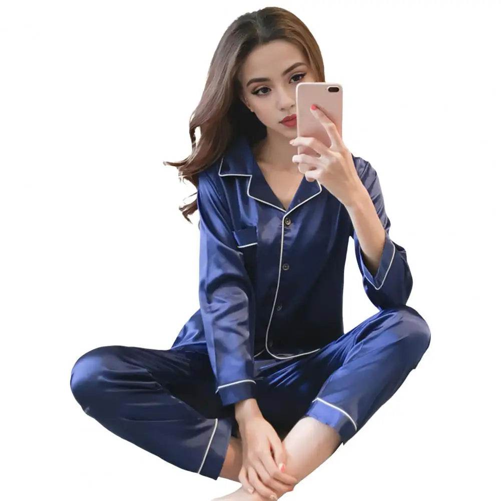 Women Two-piece Pajama Set Classic Design Sleepwear Elegant Women's Silk Pyjama Set with Long Sleeve Button Top Elastic for Home - AIAZ