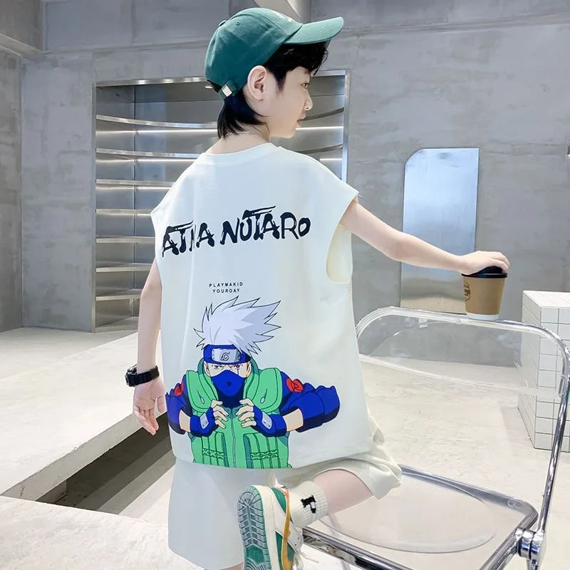Summer Boys Cotton Sleeveless Cartoon T-Shirt Tops+Shorts Workout Sets School Kids 2PCS Tracksuit Children Jogging Outfit 5-16Yr