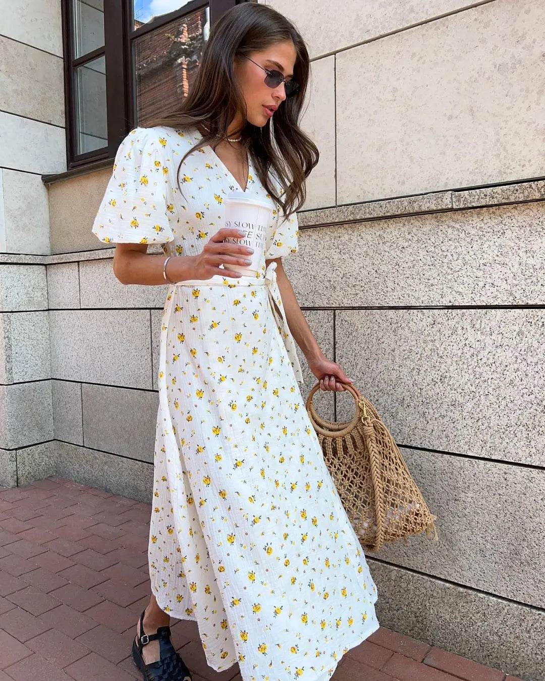 Bornladie Women Psrinted Lace Up Dress Summer Short Sleeve Fashion Office Lady Long Dress 100% Cotton Daily Casual V-neck Skirt - AIAZ