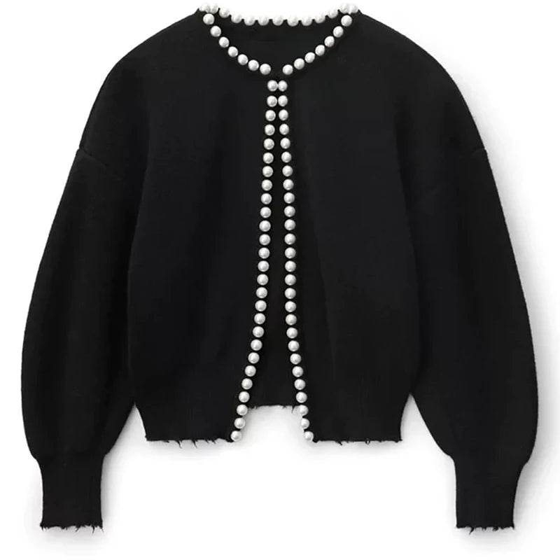 Women Casual Cardigan Sweater Elegant Long Sleeve Knit Sweater With Pearls Elegant White Sweater Coat Jacket - AIAZ