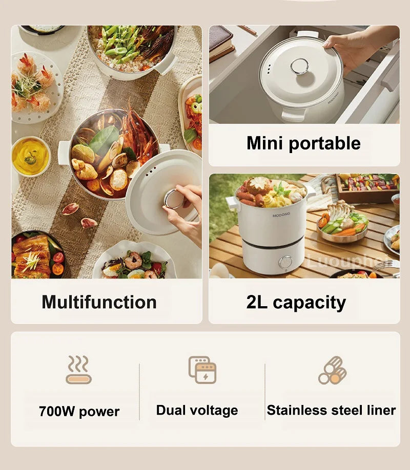 110V 220V Electric Cooking Pot 2L Folding Hotpot Multicooker Fried Pan Rice Cooker Dual Voltage Electric Skillet For Travel