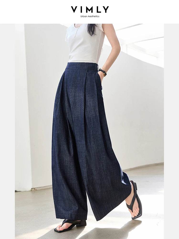VIMLY Women's Washed Jeans Baggy Skirt Pants Ladies 2025 Spring Summer Casual High Waist Vintage Denim Pants Woman Clothes M9809 - AIAZ