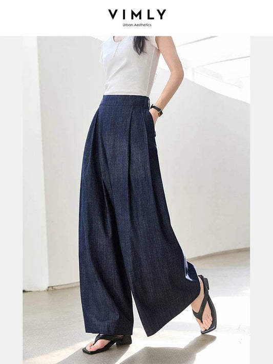 VIMLY Women's Washed Jeans Baggy Skirt Pants Ladies 2025 Spring Summer Casual High Waist Vintage Denim Pants Woman Clothes M9809 - AIAZ