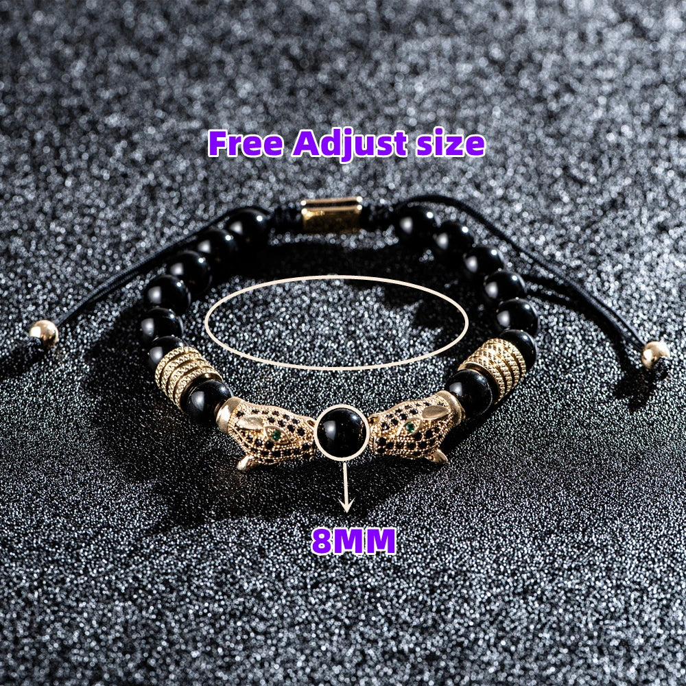 New Trend Double Leopard head Handmade tiger's-eye Bracelets  Accessories Handmade Men's Jewelry Pulseras homme