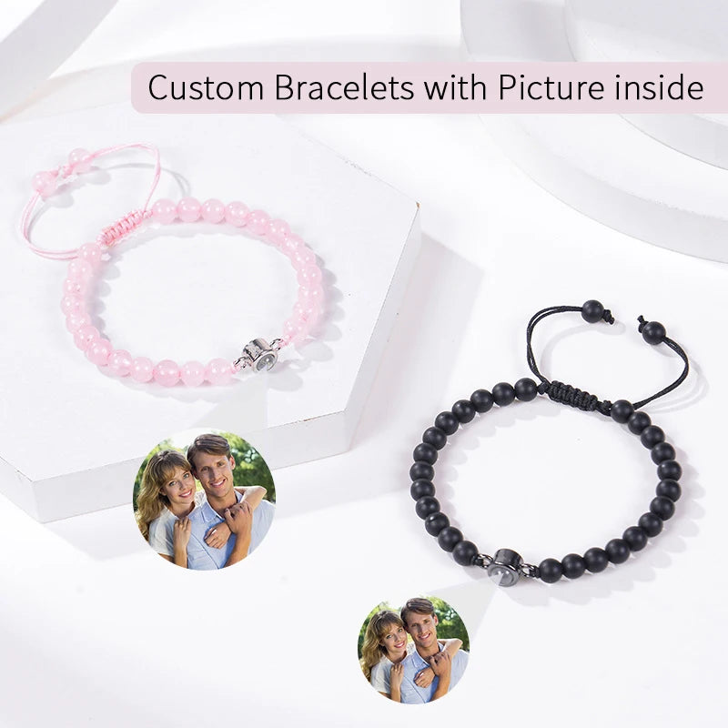 Natural Stone Beads Personalized Picture Bracelet Pink Zebra Stone Custom Photo Projection Bracelet Memorial Gifts for Women Men