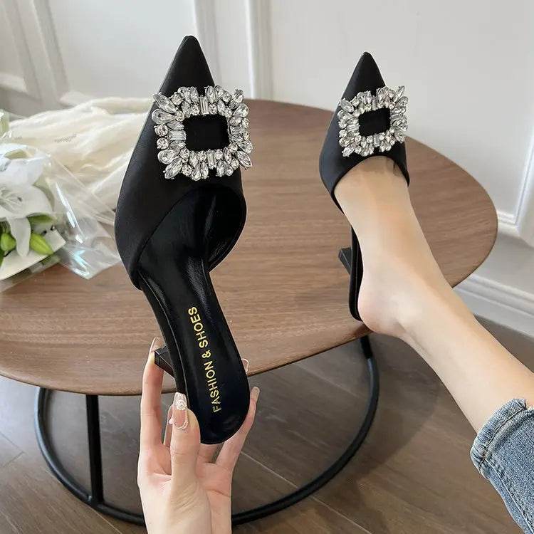 Women Sandals Summer New Slippers Pointed Toe Slingback Mules Shoes Woman Fashion Rhinestone Ladies High Heels Sexy Party Pumps - AIAZ