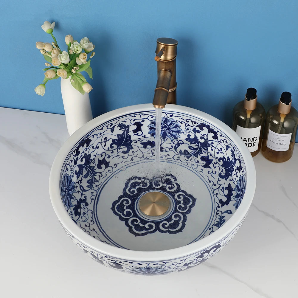 ZAPPO Jindezhen Ceramic Bathroom Vessel Sink Faucet Combo Round Washbasin Sinks for Bathroom Basin Sink Bowl with Mixer Tap