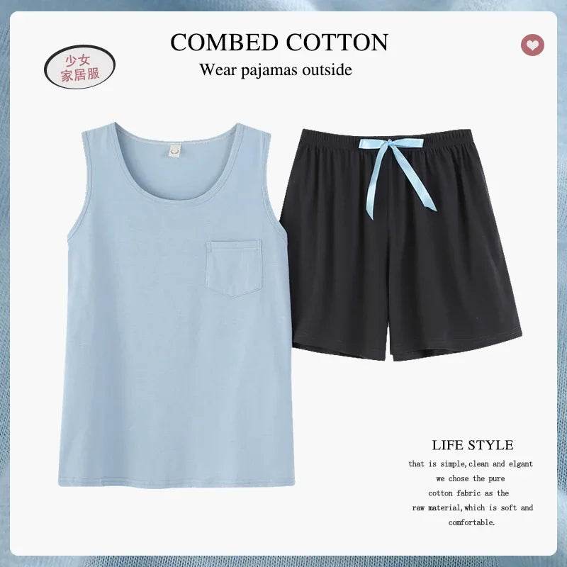 New women's pajamas set summer Cotton solid color top print shorts sleepwear Korean kawaii home clothes pijama two piece set - AIAZ