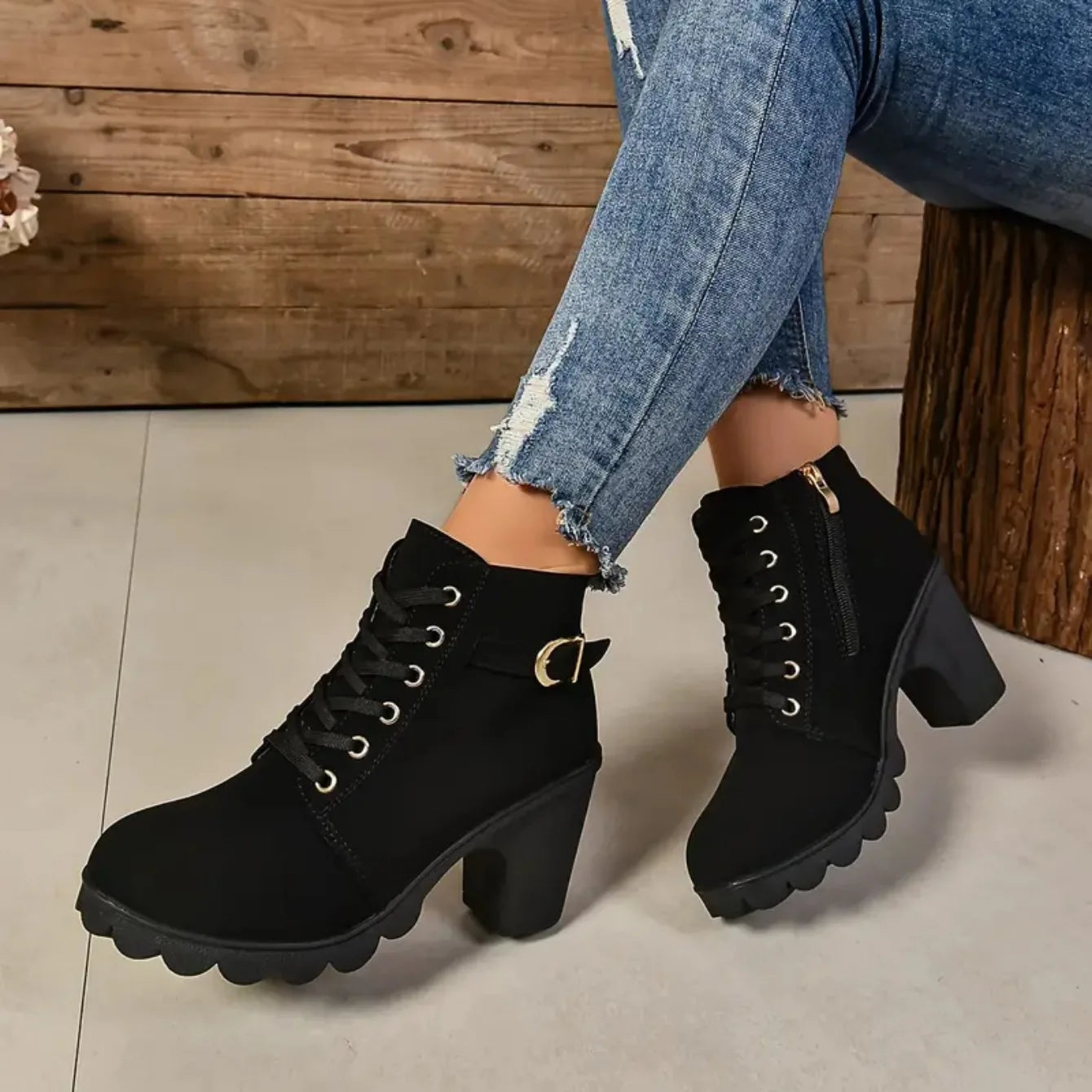 Women Boots Autumn Winter High Quality Boots Lace-up High Heels Shoes for Women Outdoor Fashion Anti-slip Boots Botas De Mujer