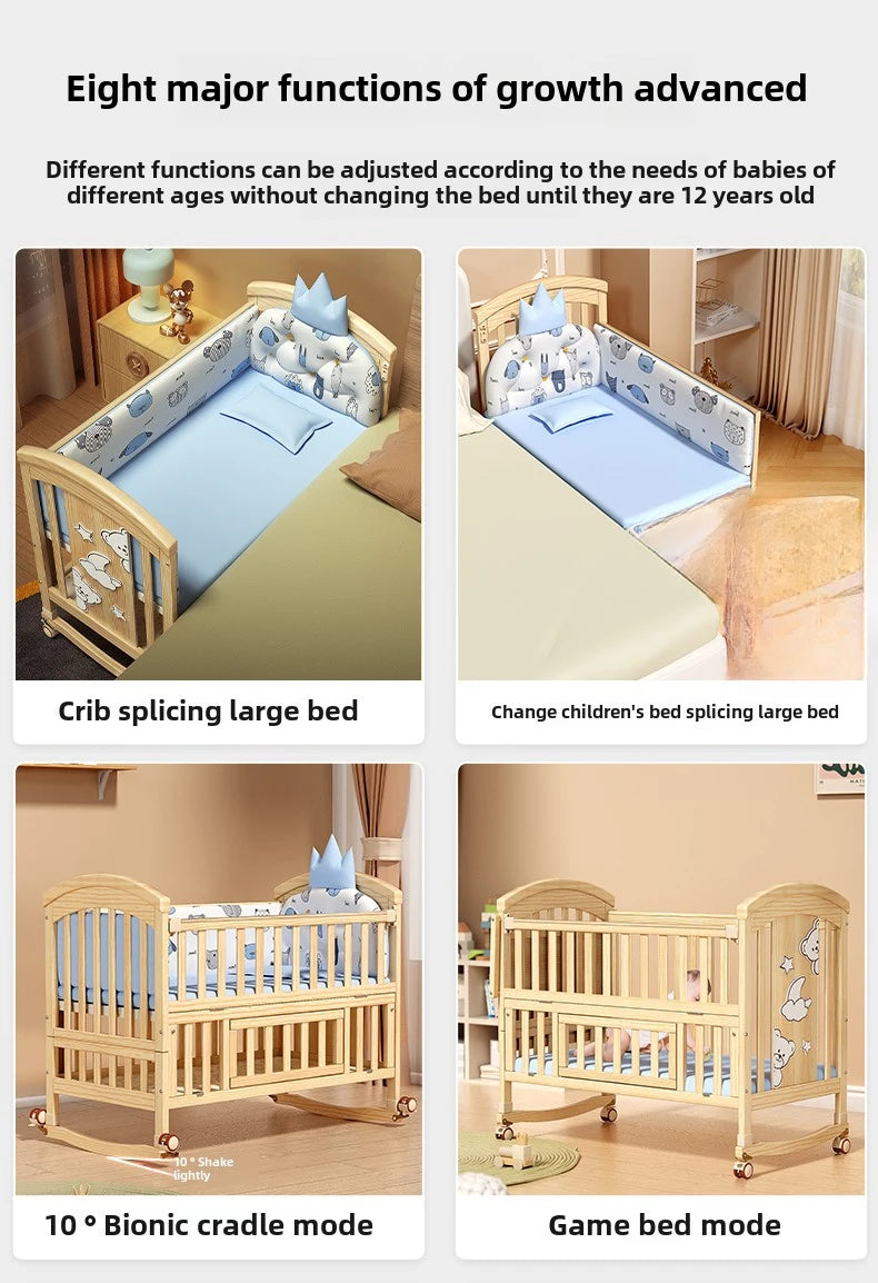 Crib Solid wood newborn baby cradle Multifunctional paint-free movable children's splicing bed air mattress 103 cm long