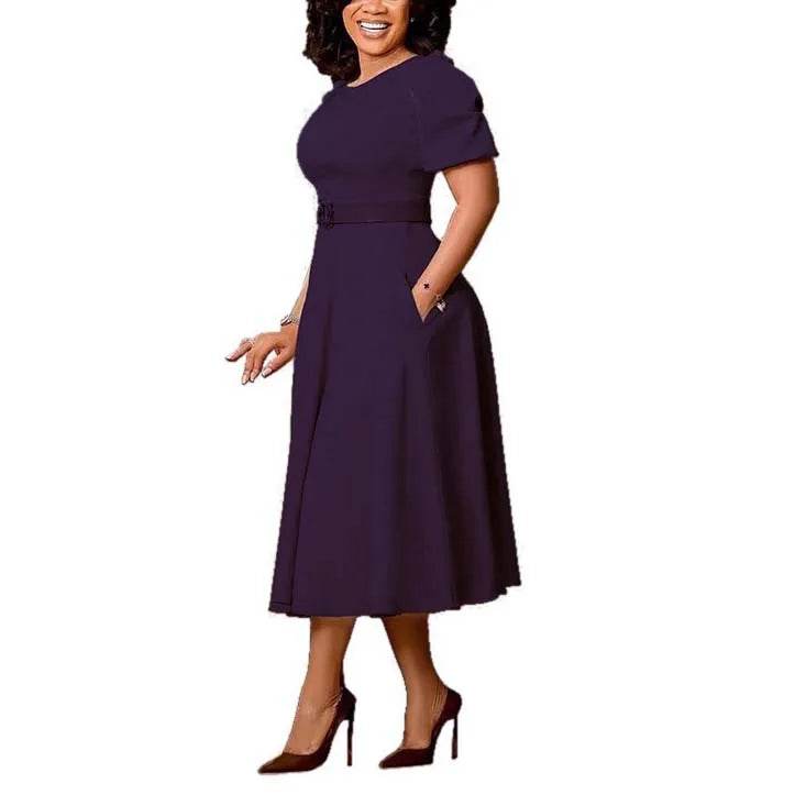 Elegant Office Dress for Women Professional O Neck Short Sleeve Belt Waisted A Line Mid Calf Formal Business Work Dress Midi New - AIAZ