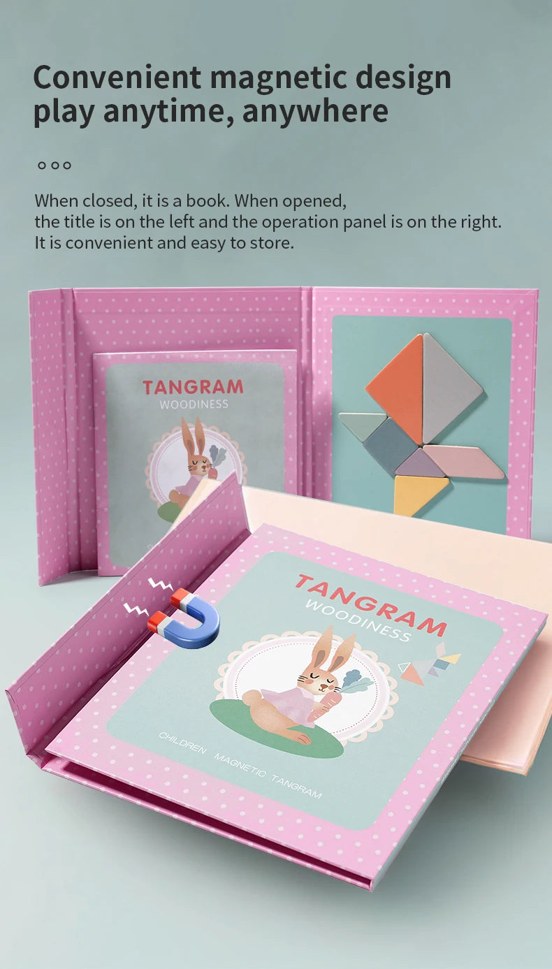 Montessori Wooden Jigsaw Magnetic Tangram Puzzle Book Educational Toys For Kid Learning Logical Game Geometric Shape Block