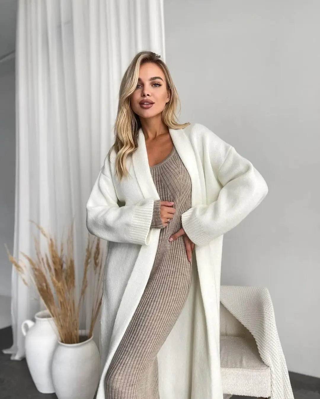 Women's Cardigan Wool Jacket Loose Retro Temperament Elegant Solid Color Collarless Knitted Long Sleeved Cardigan Jacket - AIAZ