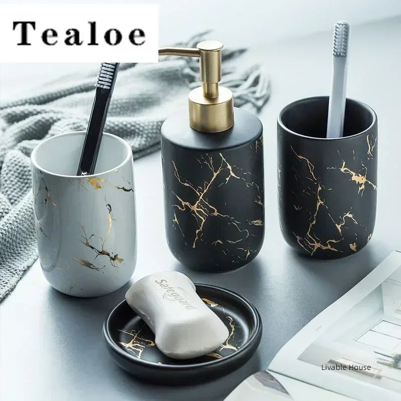 Marble Soap Dispenser Pump Bottle Ceramic Bathroom Accessory Set  Home Couple Mouthwash Cup Soap Dish Washing Tools Luxury